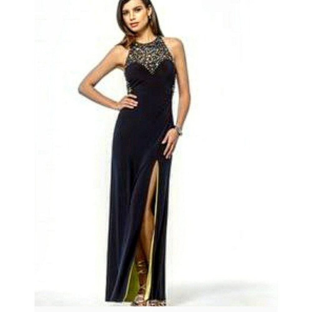 Caché Navy Blue Sequin Prom Dress